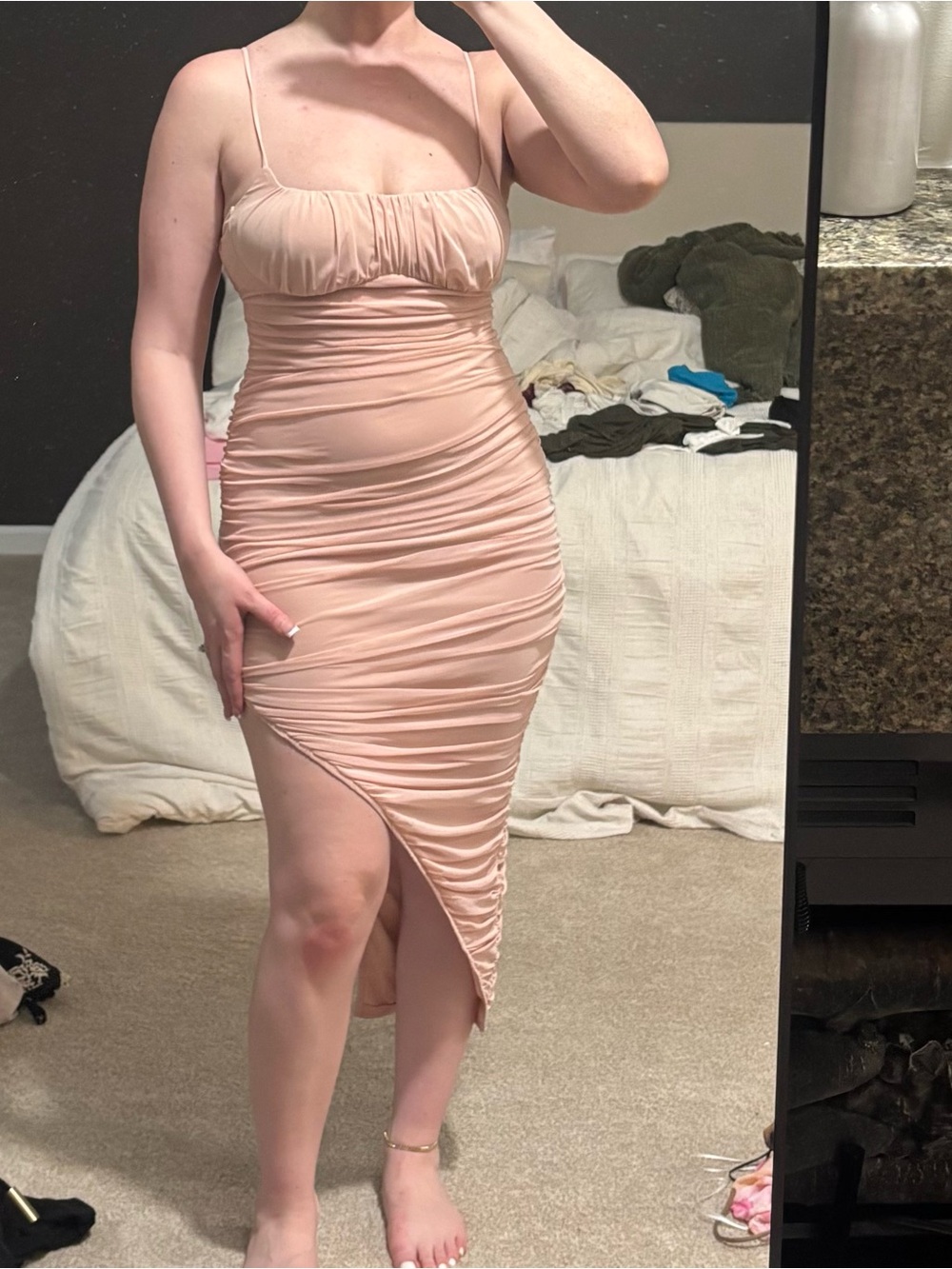privy Blush Pink Ruched Asymmetrical Slip Dress